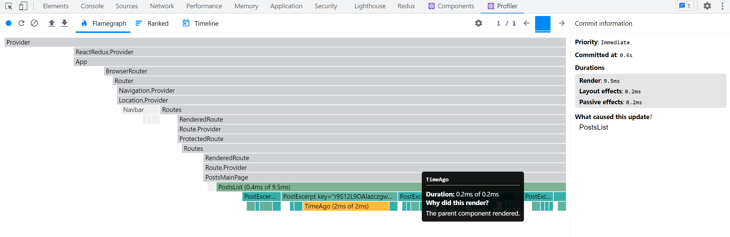 React DevTools Profiler render capture - <PostsList>